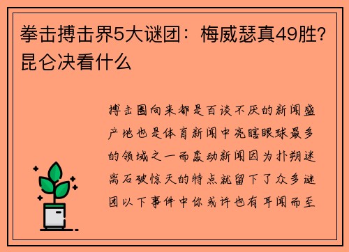 拳击搏击界5大谜团：梅威瑟真49胜？昆仑决看什么