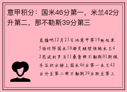 意甲积分：国米46分第一，米兰42分升第二，那不勒斯39分第三
